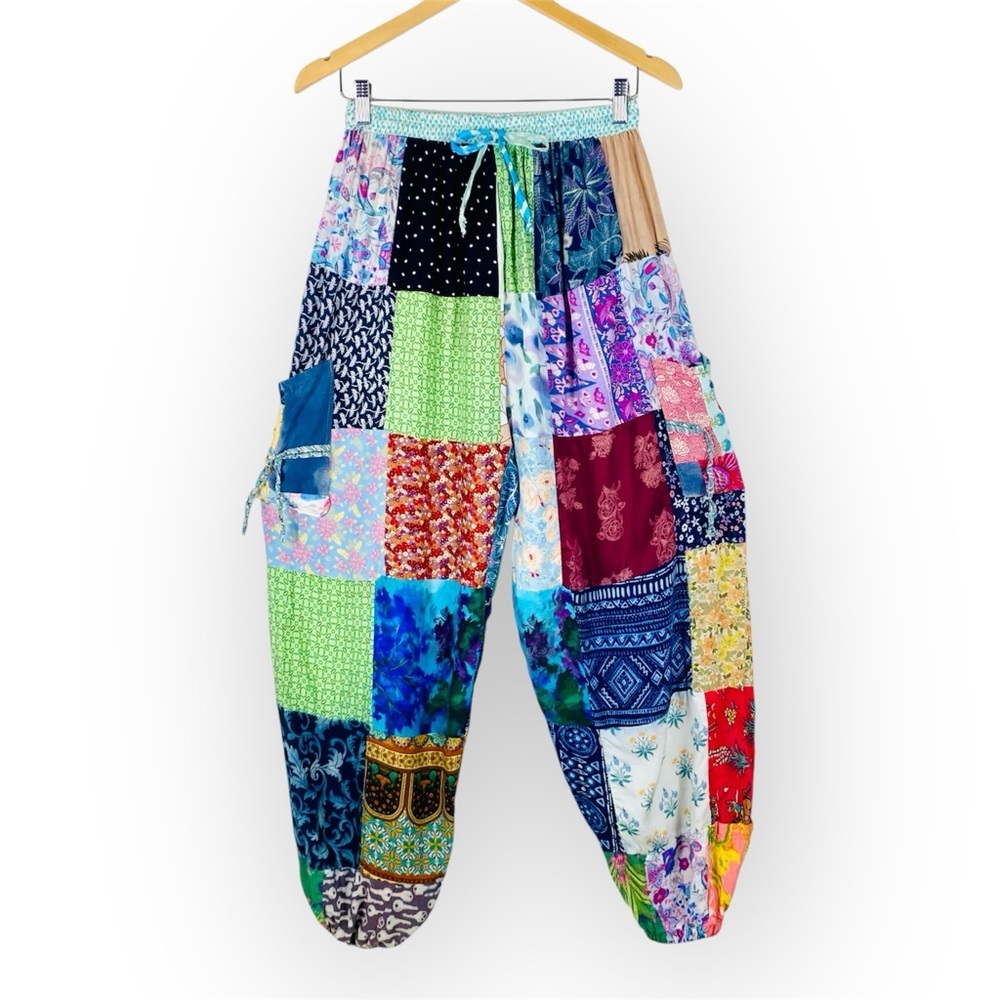 Patchwork Rayon Wide Leg Drawstring Pants size Small